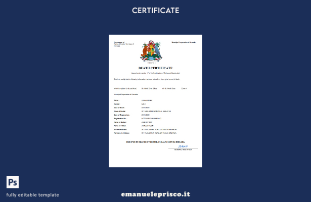 stile verificato Certificato di morte del documento di stato civile di Grenada M